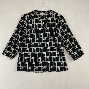 Banana Republic Shirt Womens L Black White Print Roll Tab Sleeves Front Buttons